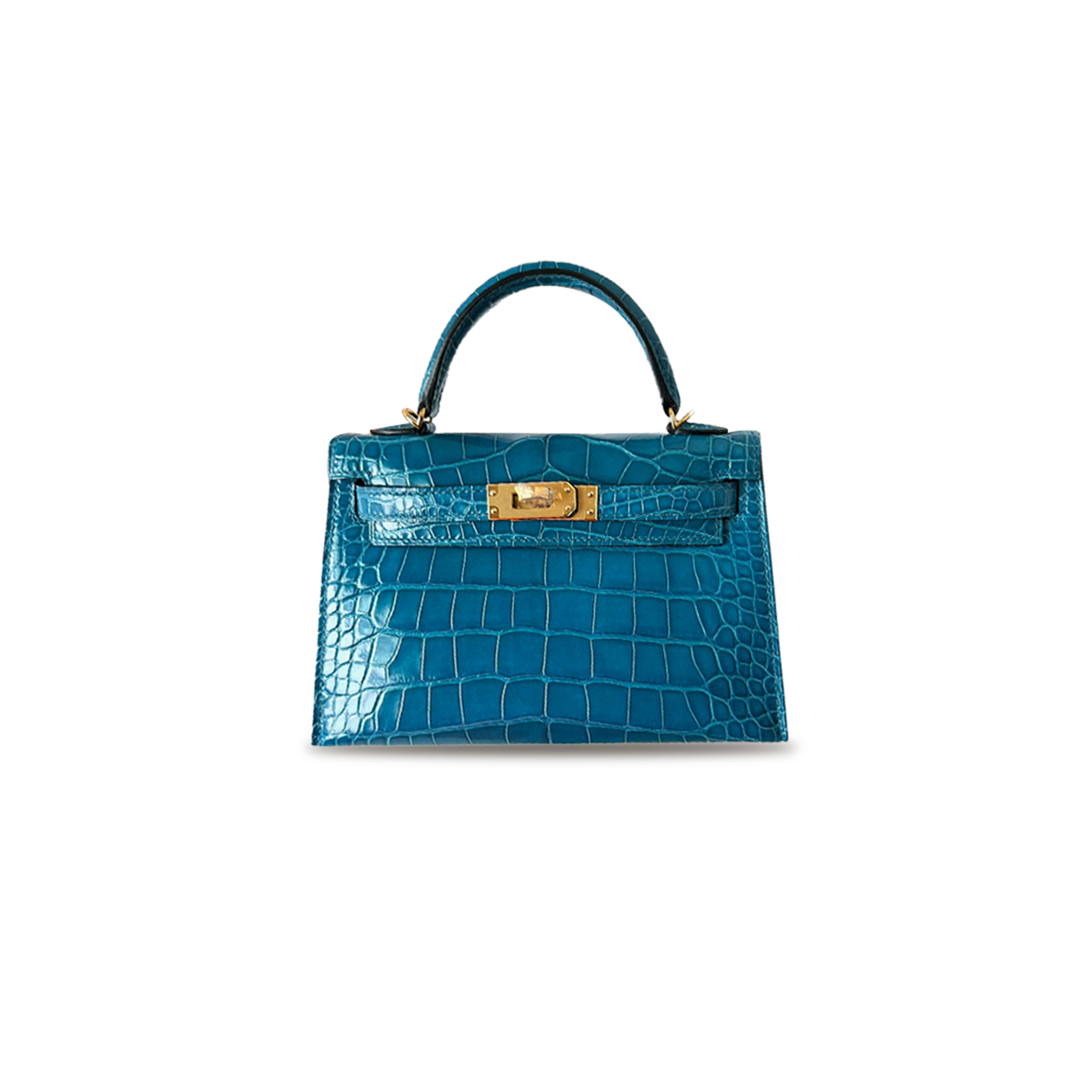 HERMÈS MASTER MINI KELLY II SELLIER ALLIGATOR CROCODILE BLUE IZMIR GOLDEN HARDWARE (19*12*5.5cm) 